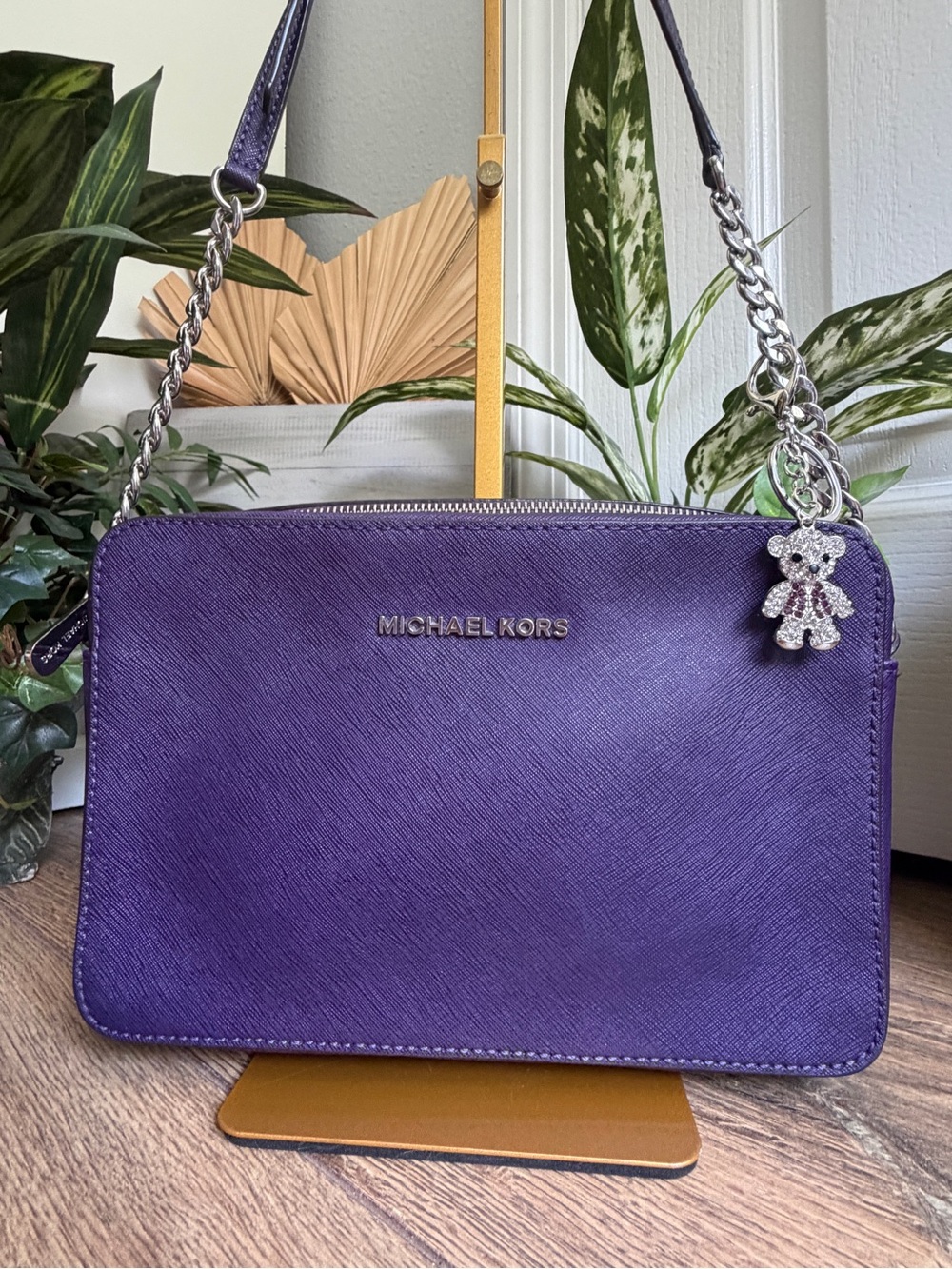Michael Kors Jet Set Purple Saffiano Leather Crossbody Bag w/Teddy Bear Keychain